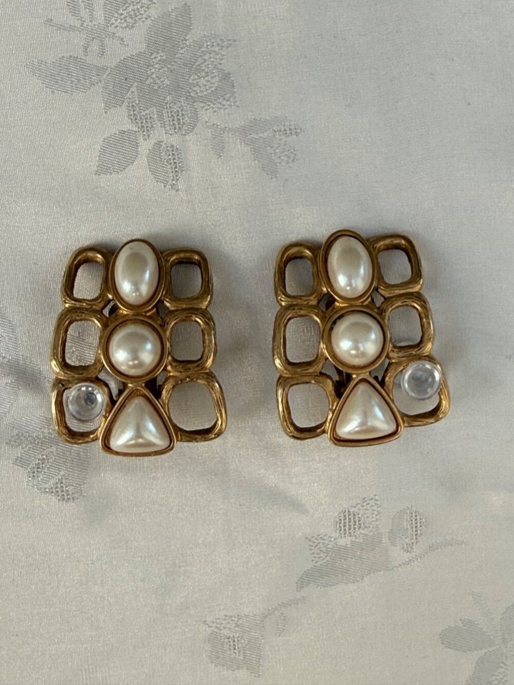 Vintage Gold-Tone w/ Faux Pearls & Geometric Design Clip-On Earrings - Big & Bol